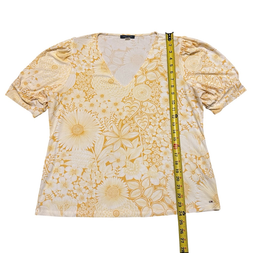 Tommy Hilfiger Yellow Floral Blouse Women’s Size XL V-Neck Puff Sleeve Top Shirt - Picture 5 of 9